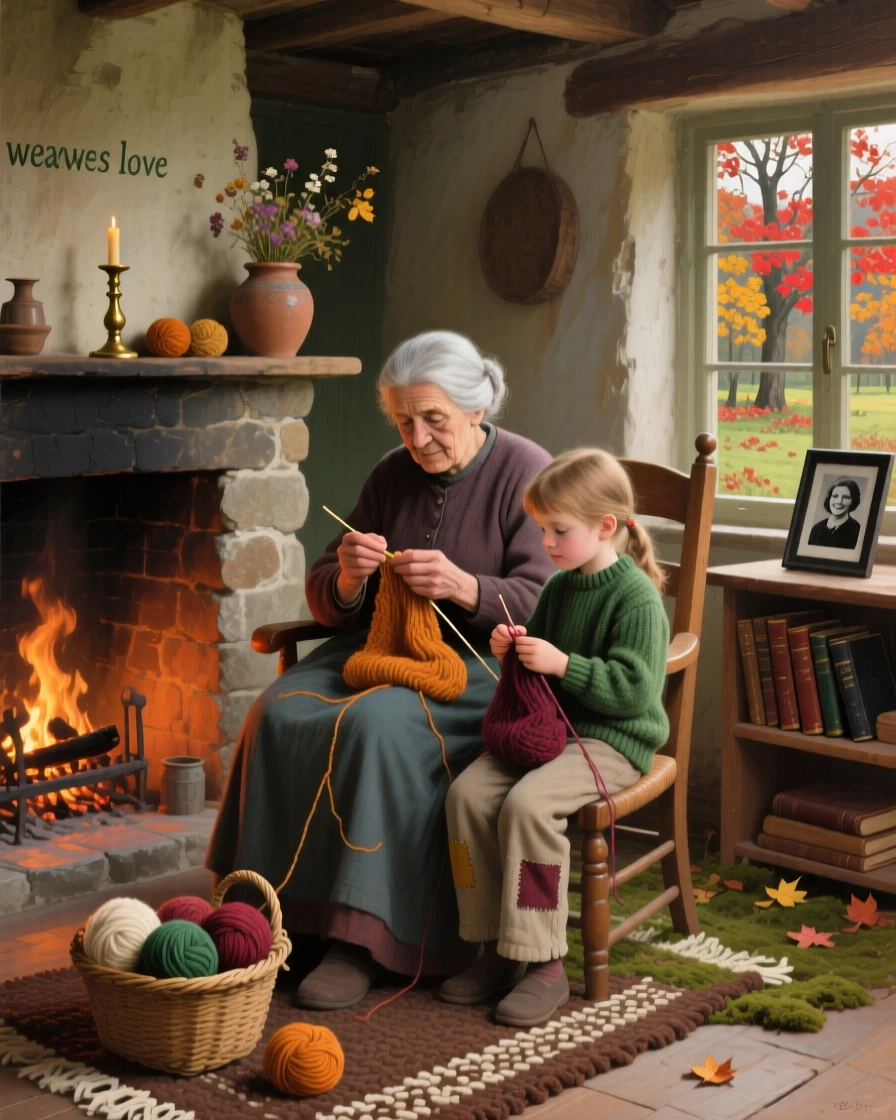 A grandmother teaching her grandchildren to knit by the fireplace, as the changing season is reflected in the surrounding setting, radiating comfort, love, and togetherness