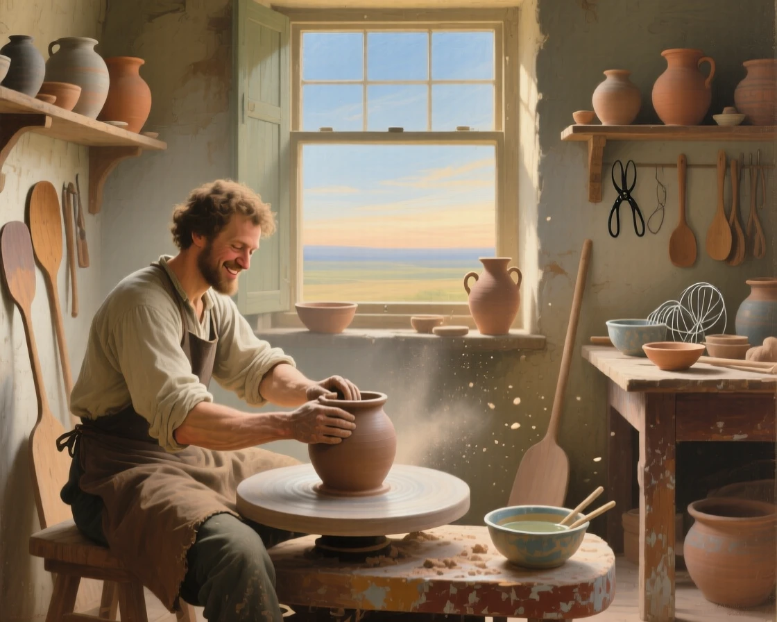 A potter shaping clay at the wheel in a sunlit workshop as warmth and community shine through humble work, set within a modest workshop filled with tools and warm light, with soft morning light catching dust and flour in the air; the horizon and open sky give even modest labor room to breathe, filled with gentle humor, warmth, and community spirit.
