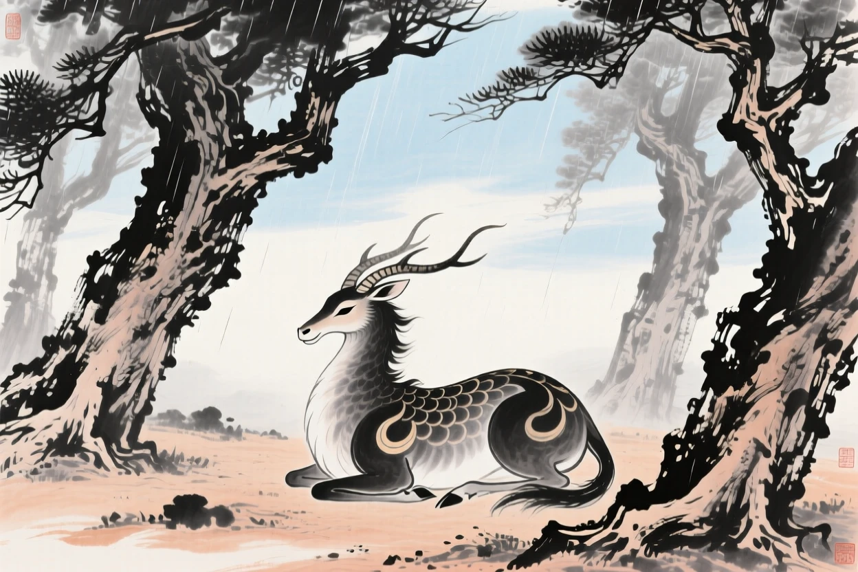 A mythical qilin resting beneath a grove of ancient sacred trees, beneath a sky washed clean by rain, as morning mist begins to lift.