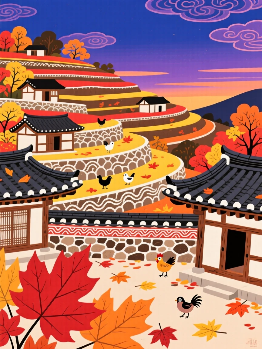 A view of a terraced hillside village at dusk, with autumn leaves scattered across the courtyard.