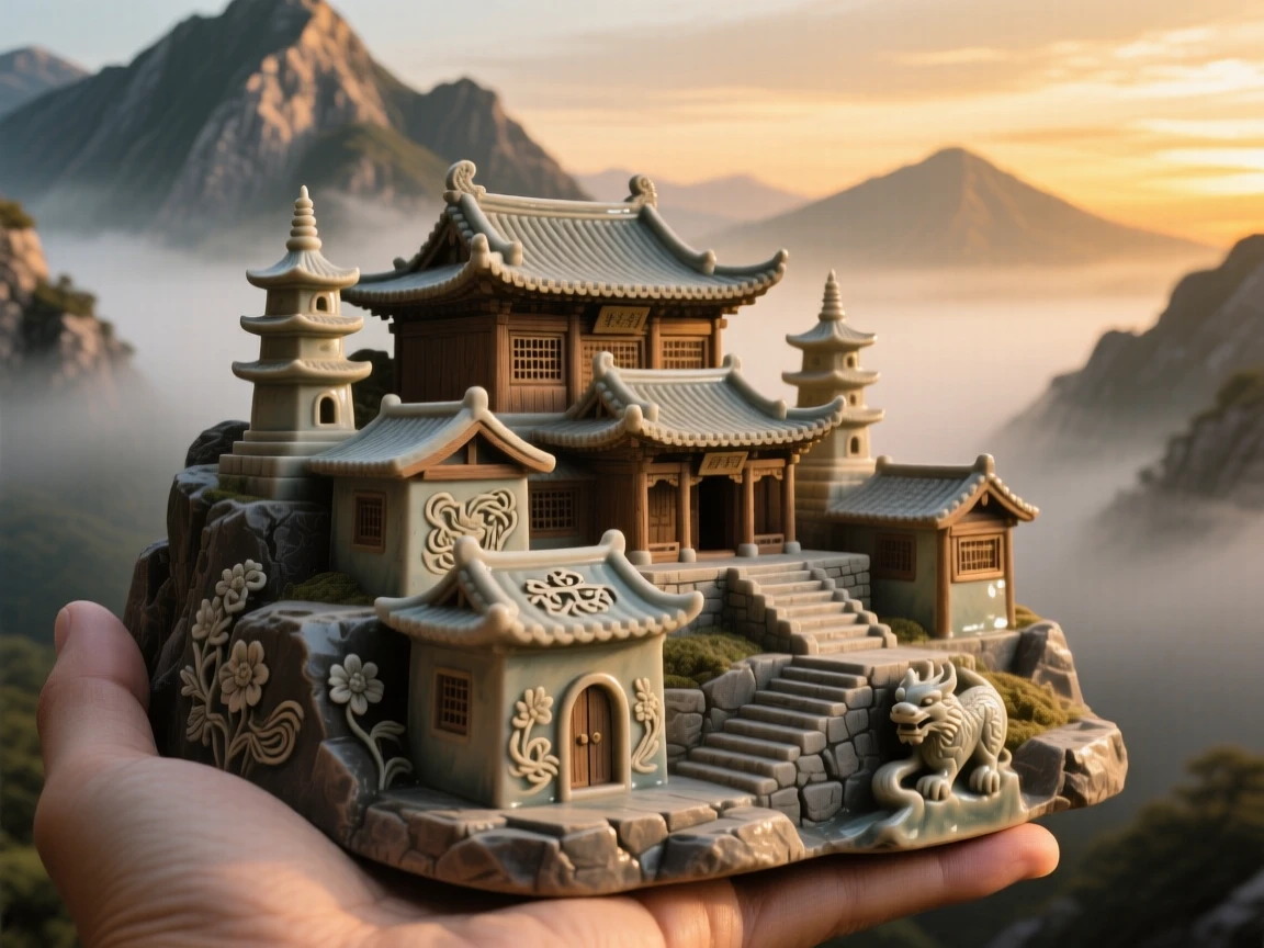 A mountain monastery wreathed in mist captured in the soft glow of sunset, with intricate carvings along every surface, capturing the romance of a bygone era.