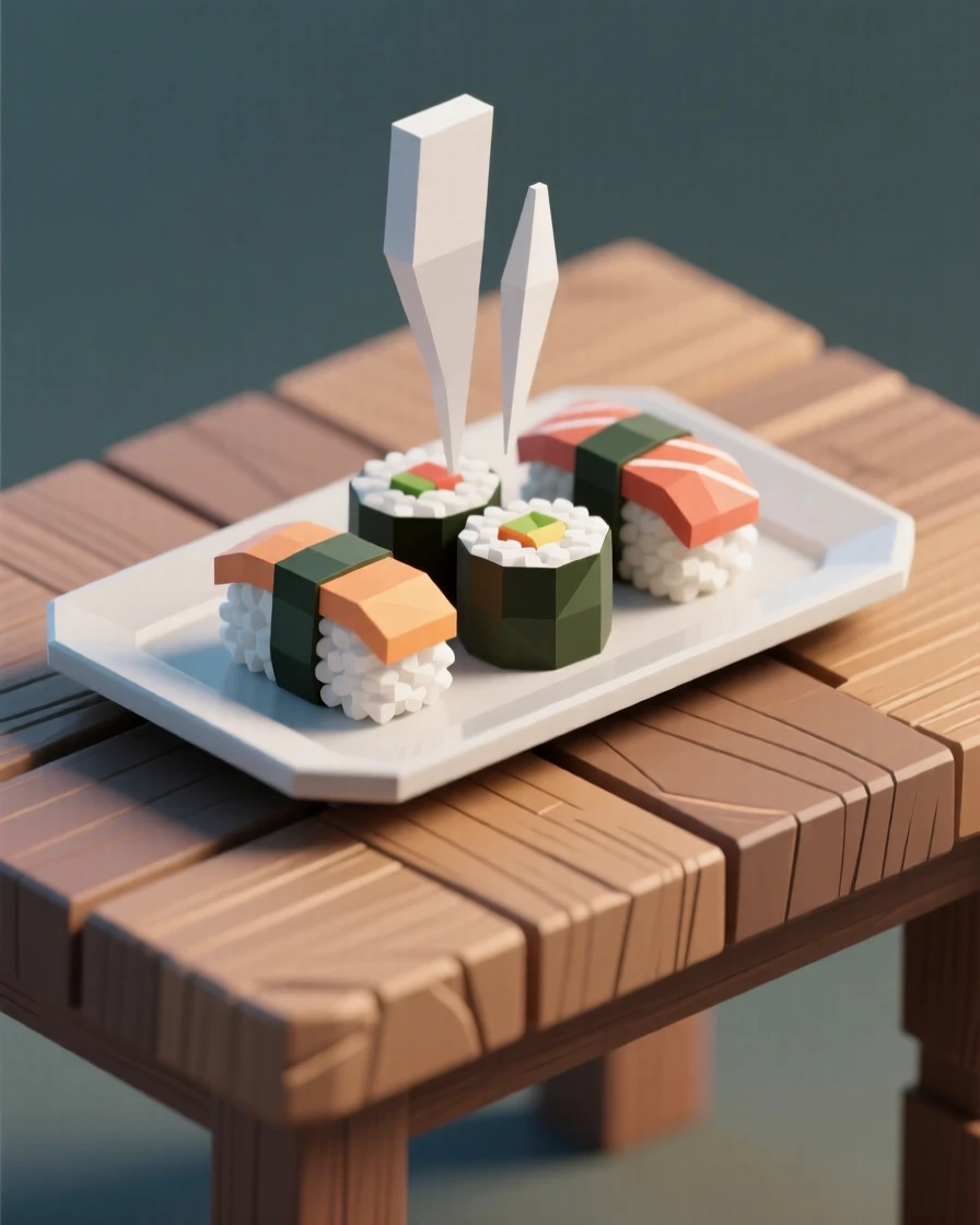 A colorful platter of sushi rolls, on a rustic wooden table. steam rises gently, adding a sense of freshness. The setting feels indulgent and delicious.
