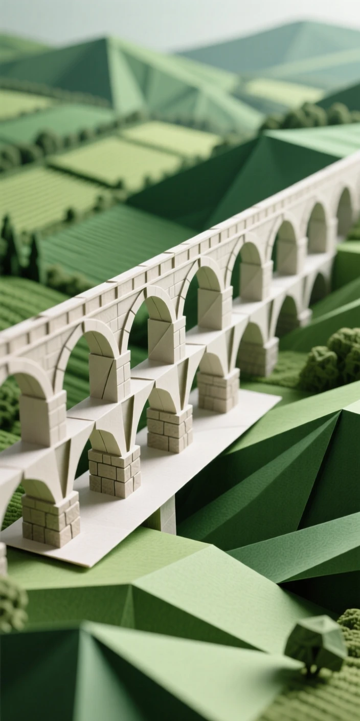 The ancient Roman aqueduct stretching across a green countryside valley.
