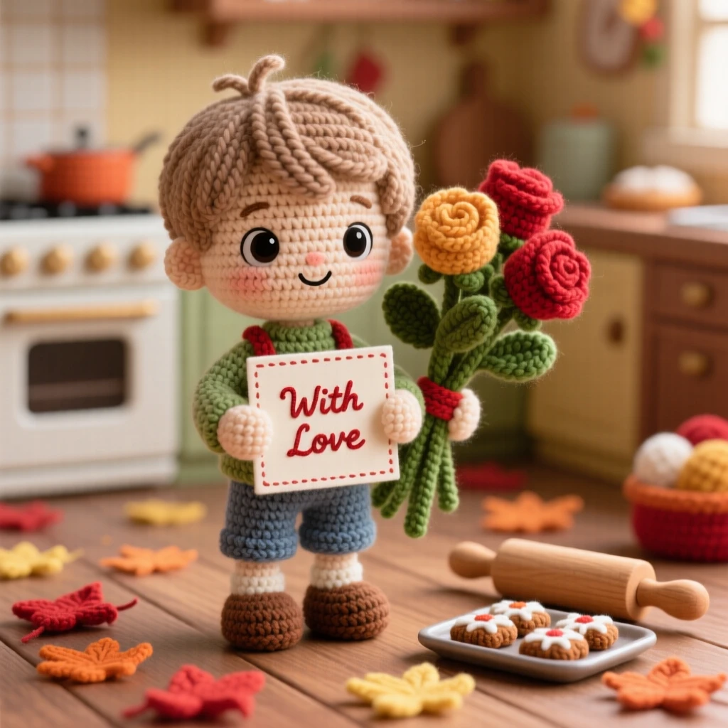 a small boy holding a heart-shaped card, with a shy, hopeful smile, is shown standing beside a bouquet of roses in a warm kitchen filled with holiday baking smells beside a scattering of fallen leaves or petals, capturing festive excitement and shared celebration.