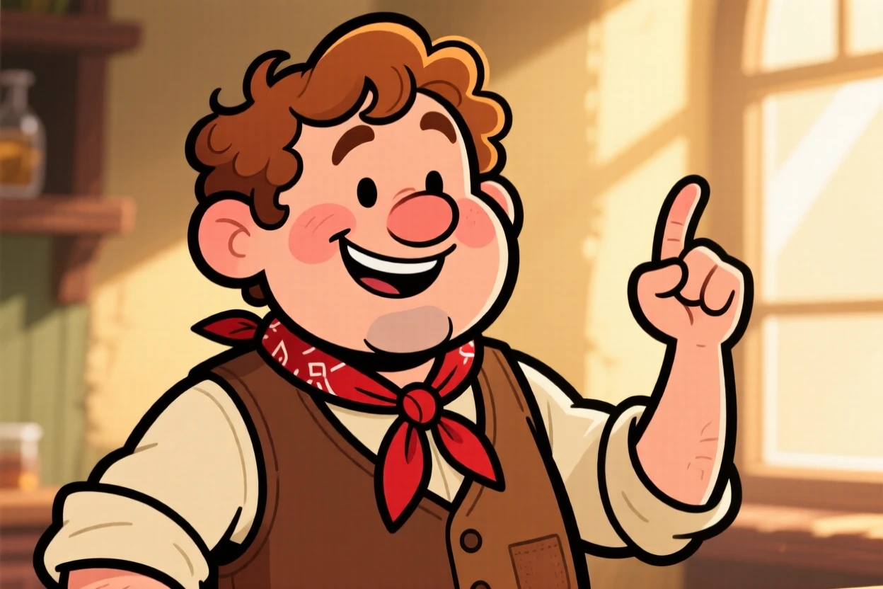 A charming portrait of a jolly innkeeper, raising one eyebrow with a knowing smirk, framed by soft golden afternoon light.