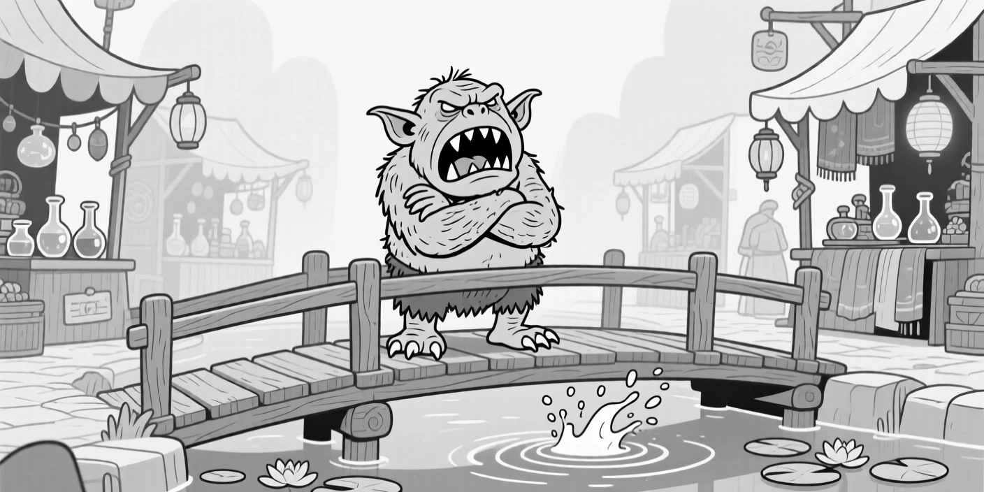A grumpy troll guarding a bridge with folded arms, yawning wide enough to reveal a mouth full of crooked teeth, set in a bustling fantasy marketplace. Lily pads ripple from the sudden splash. The image invites you to imagine the tale behind the mishap.