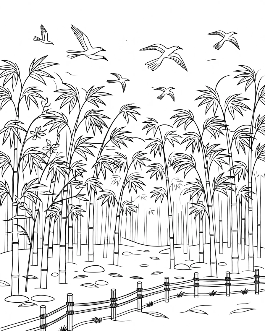 A bamboo forest with light filtering between the stalks, with birds circling high above the treetops.