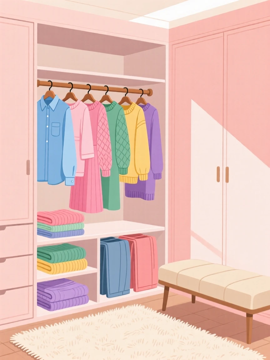 A tidy closet with neatly organized colorful clothing, arranged in a cozy corner filled with soft textures, composed with soft natural light falling diagonally across the scene, with gentle pastel tones evoking calm and comfort.