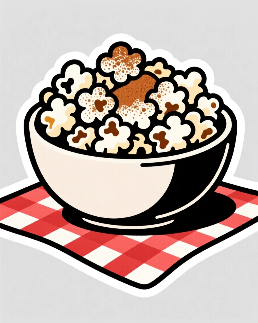 A cozy and comforting bowl of fresh popcorn overflowing, dusted with cinnamon on top, on a checkered picnic blanket.