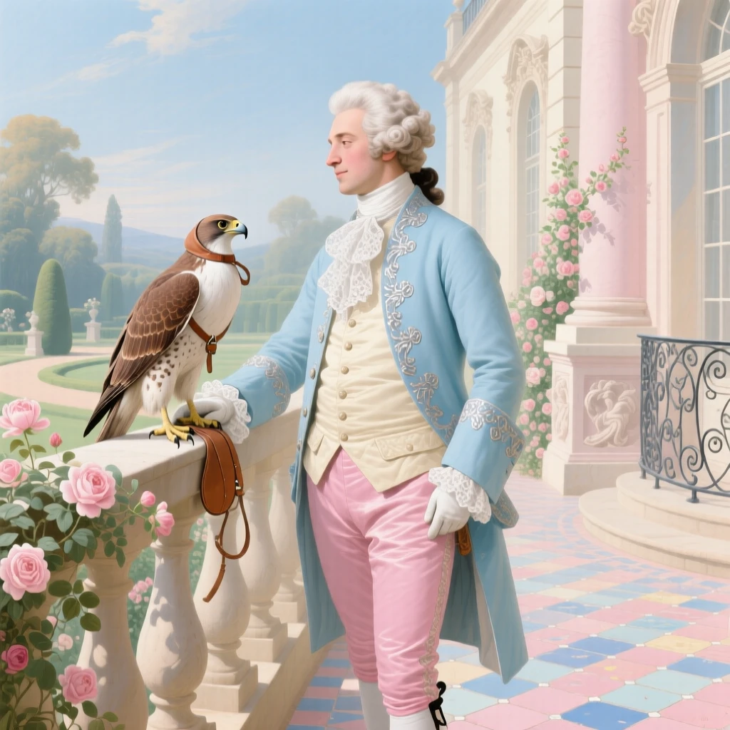 A nobleman holding a falcon beside a palace terrace  