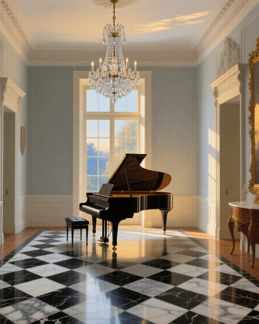 A grand foyer with a checkerboard marble floor and crystal chandelier standing empty in the golden hush of late afternoon, set within a private estate untouched by passing time, with a single grand piano standing beneath a shaft of window light; warm interior light contrasts with cool light spilling in from outside, suggesting both luxury and profound stillness.
