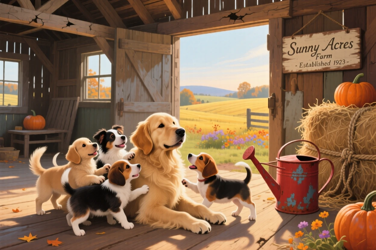 A litter of puppies piles together in a sunlit barn, tails wagging as they clamber over each other to reach their mother, the surrounding habitat rendered in enough detail to suggest a specific time and place.