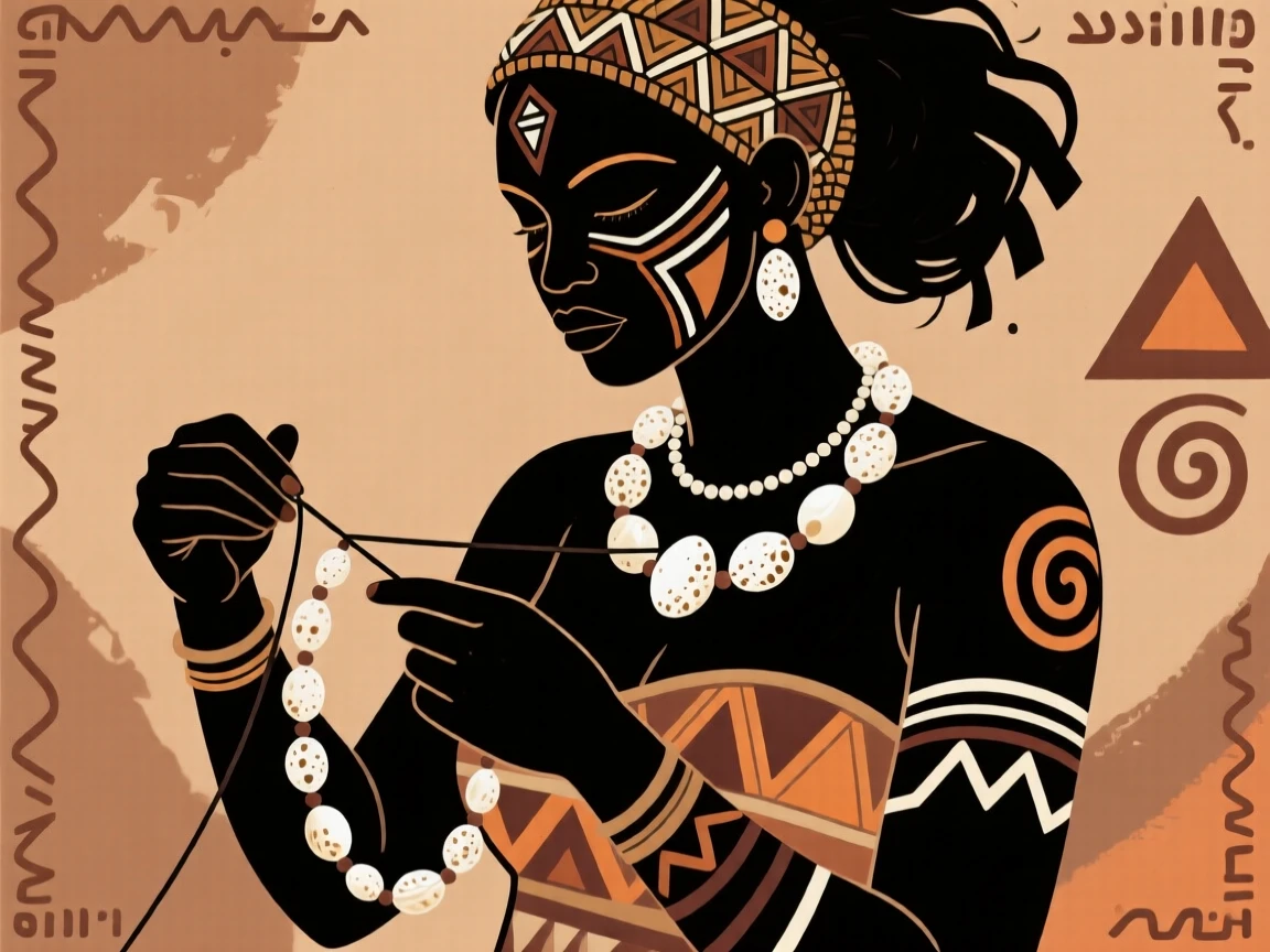 A woman threading a necklace from ostrich eggshell beads.