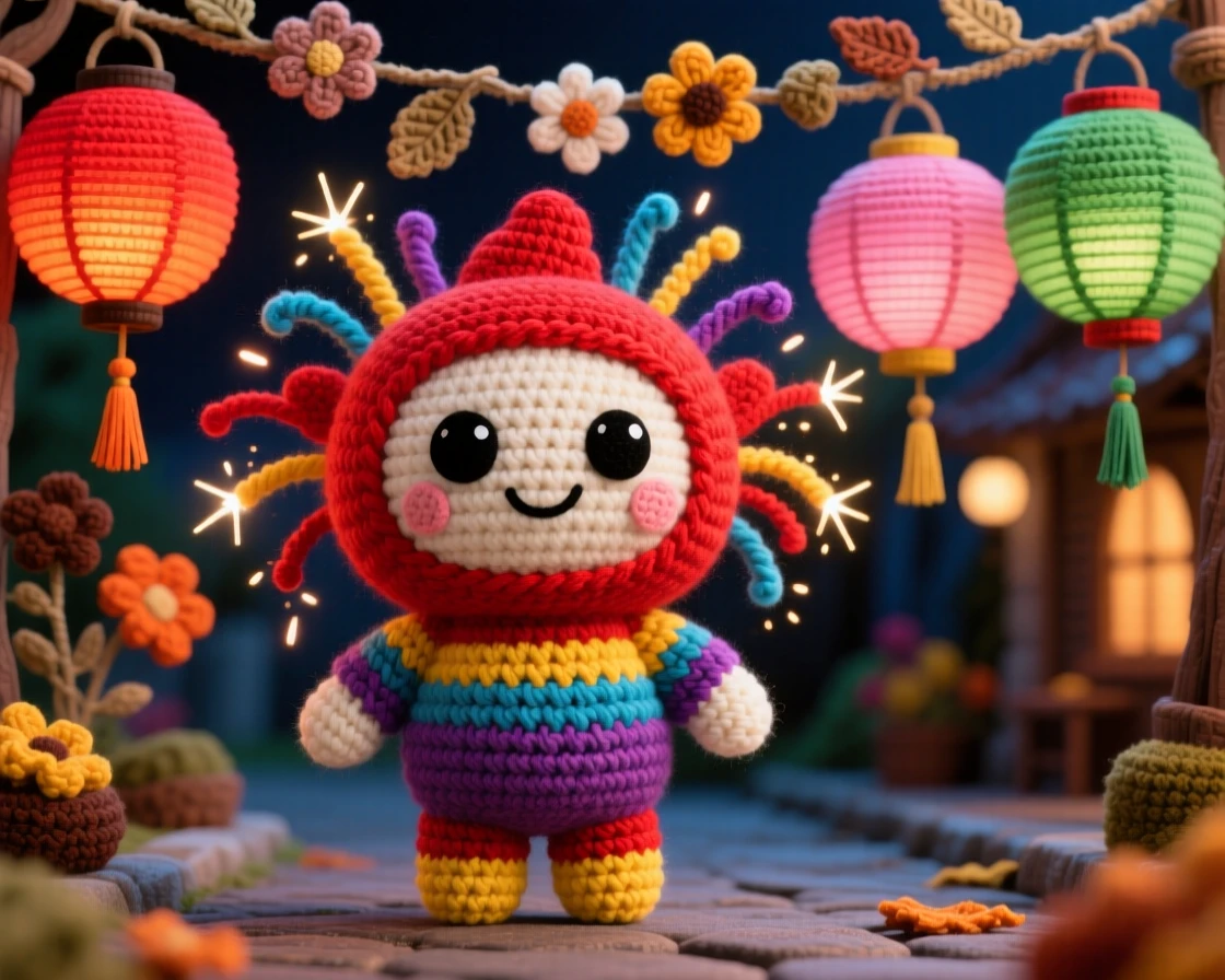 a cheerful firework spirit character, sparkling with colorful light, bursting playfully above a night gathering, set in a festival street strung with colorful paper lanterns, with a garland of dried flowers, full of nostalgic, storybook seasonal charm.