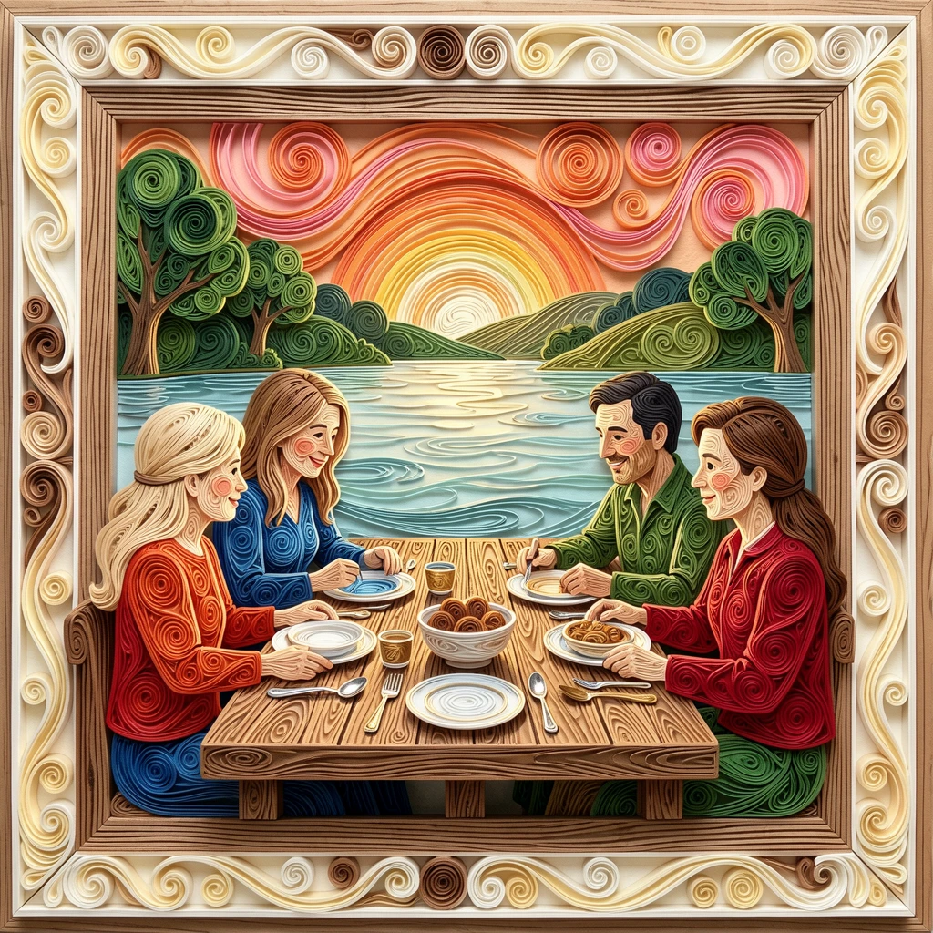 A heartwarming moment of a family gathered around a table sharing a warm meal beside a calm lake at sunrise, with a comforting, homely atmosphere throughout, framed with soft natural light streaming through a window.