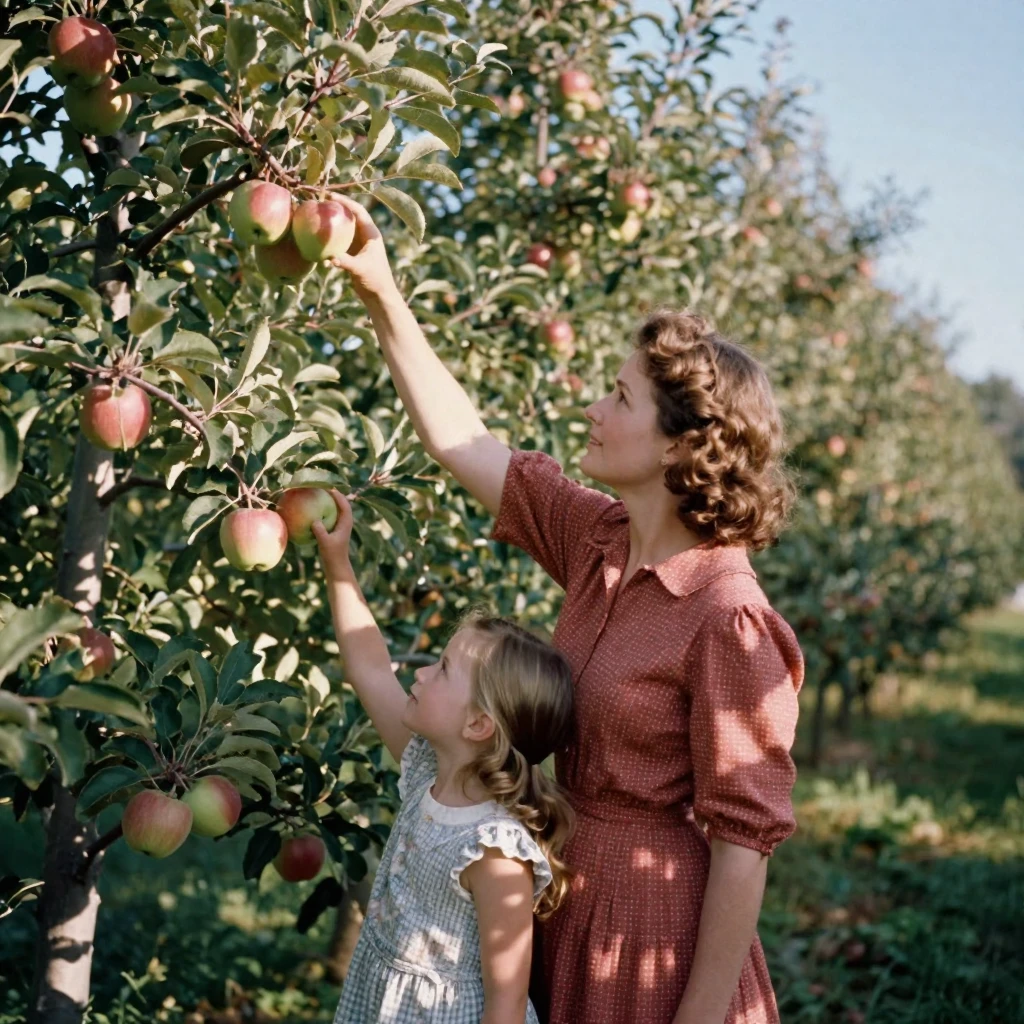 A mother and daughter picking apples together in an orchard, in soft window light, on a clear, cloudless day, in the height of summer, with muted olive and rust colors, over the shoulder of the main subject.