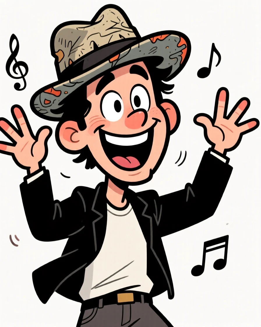 A charming portrait of a spirited musician, gesturing dramatically with both hands raised, wearing their favorite well-worn hat.