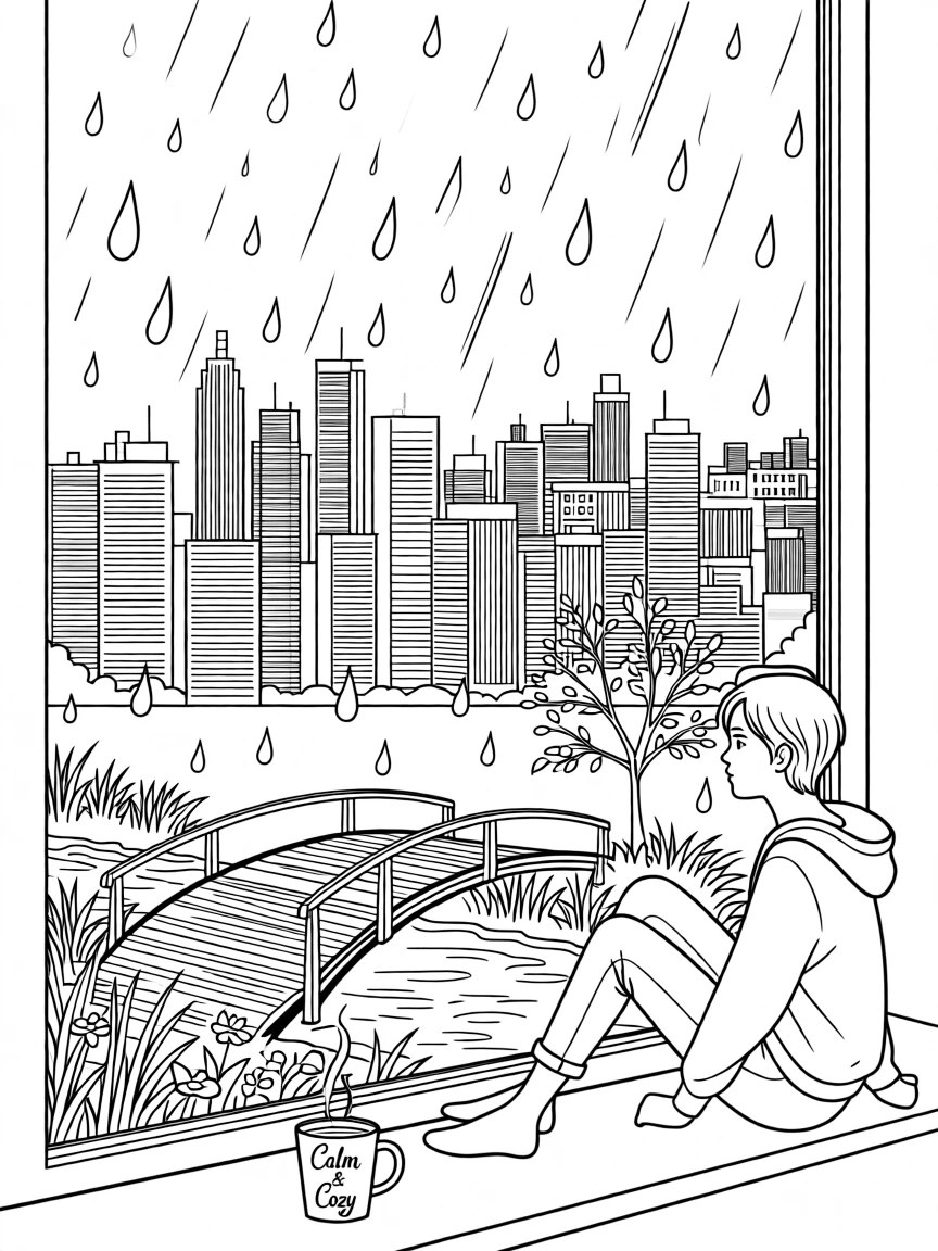 Raindrops racing down a window overlooking a city skyline, with a small wooden bridge crossing a stream nearby.