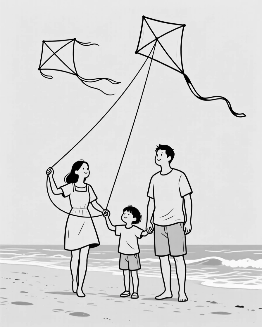 A family of four flying kites together on a beach