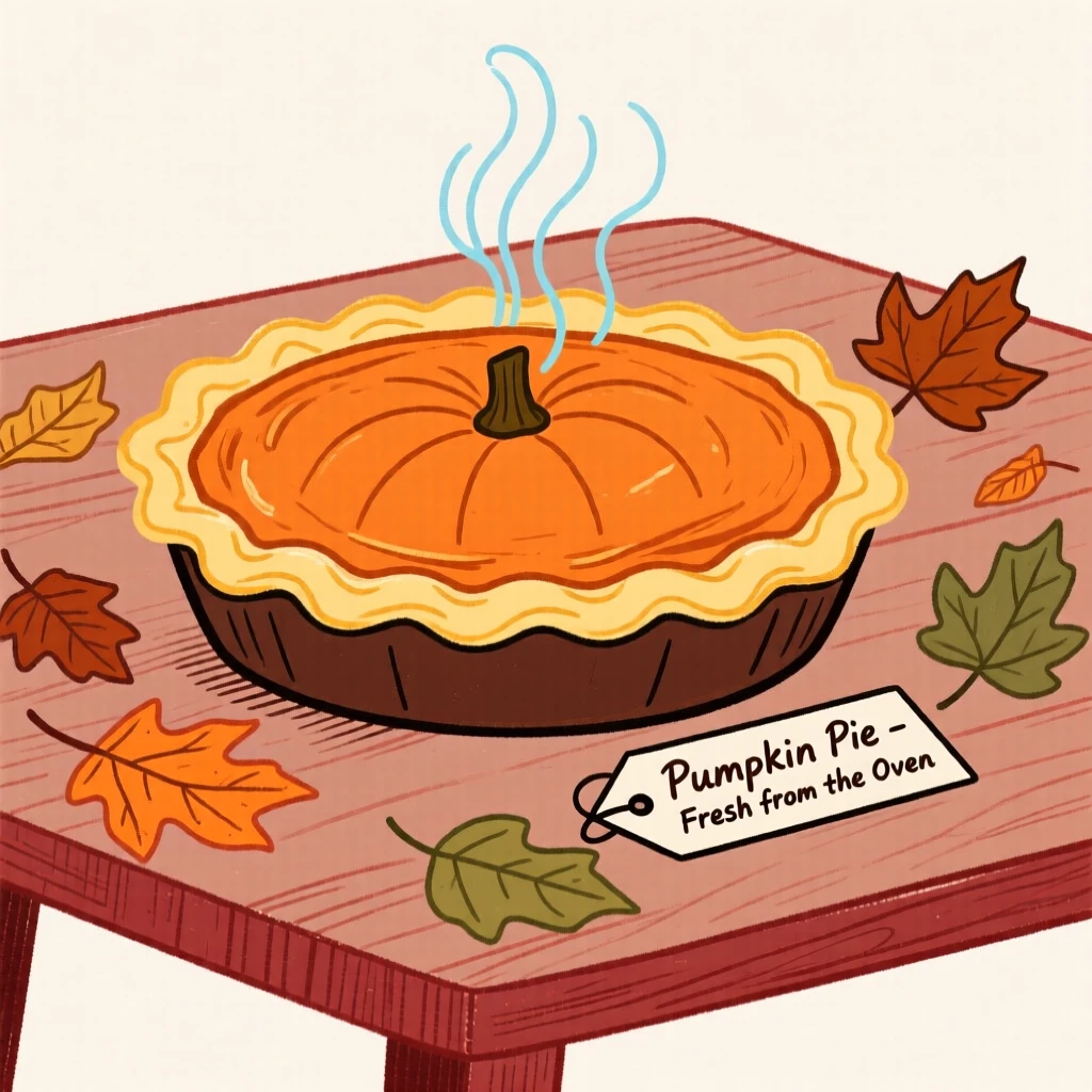 A pumpkin pie fresh from the oven on a autumn table.