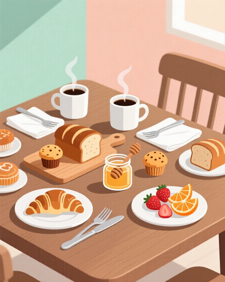 A weekend brunch table filled with pastries and fresh coffee, set against a backdrop of pastel-colored walls, composed with a warm, inviting sense of everyday simplicity, with subtle steam rising to add a warm, lived-in feel.