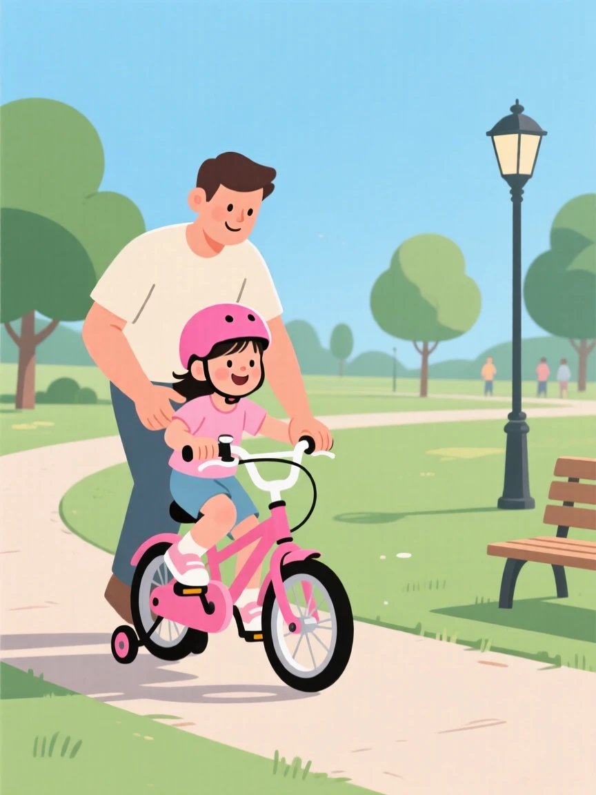 A father teaching his daughter how to ride a bicycle in a park.
