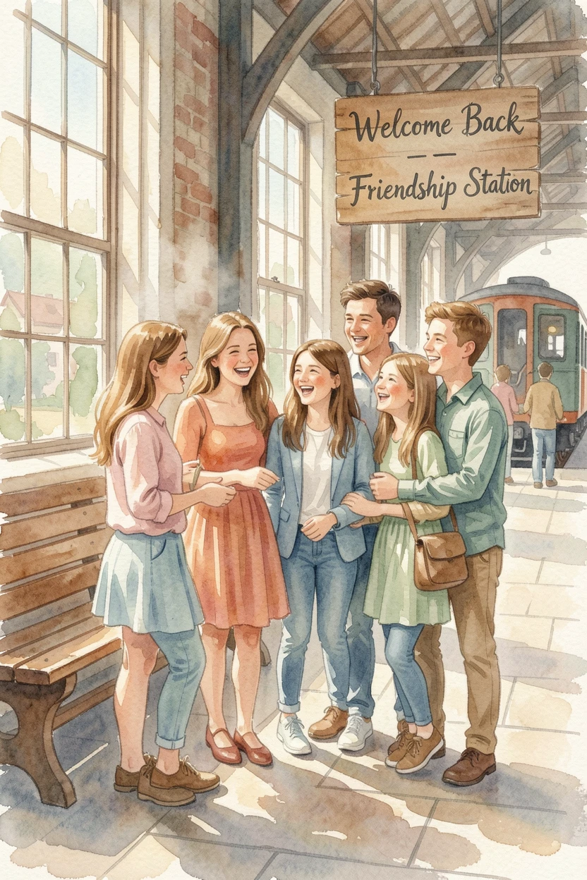 A group of childhood friends reuniting at a train station with laughter echoing softly.