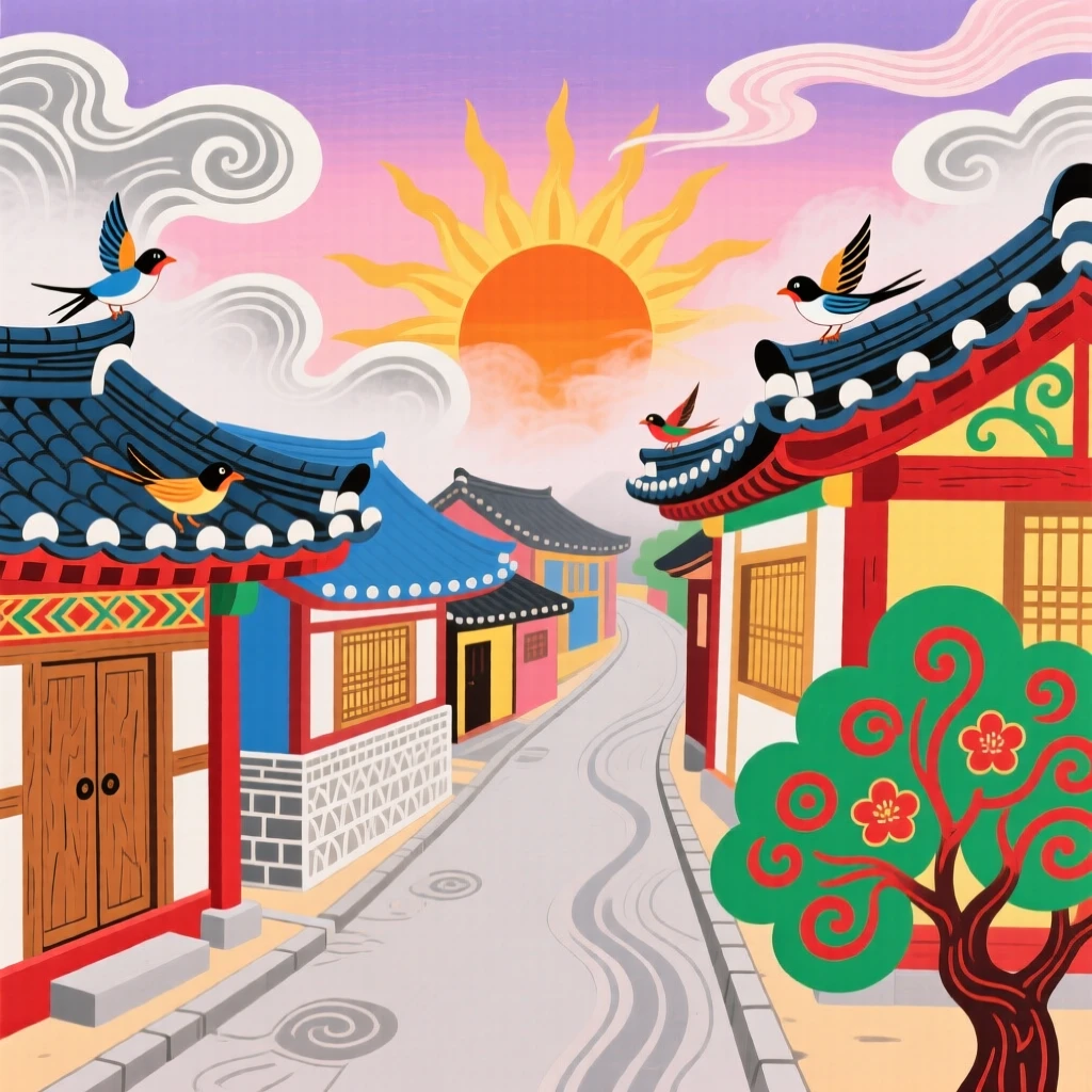 A view of a row of traditional tiled-roof houses along a narrow street, at sunrise with mist still clinging to the