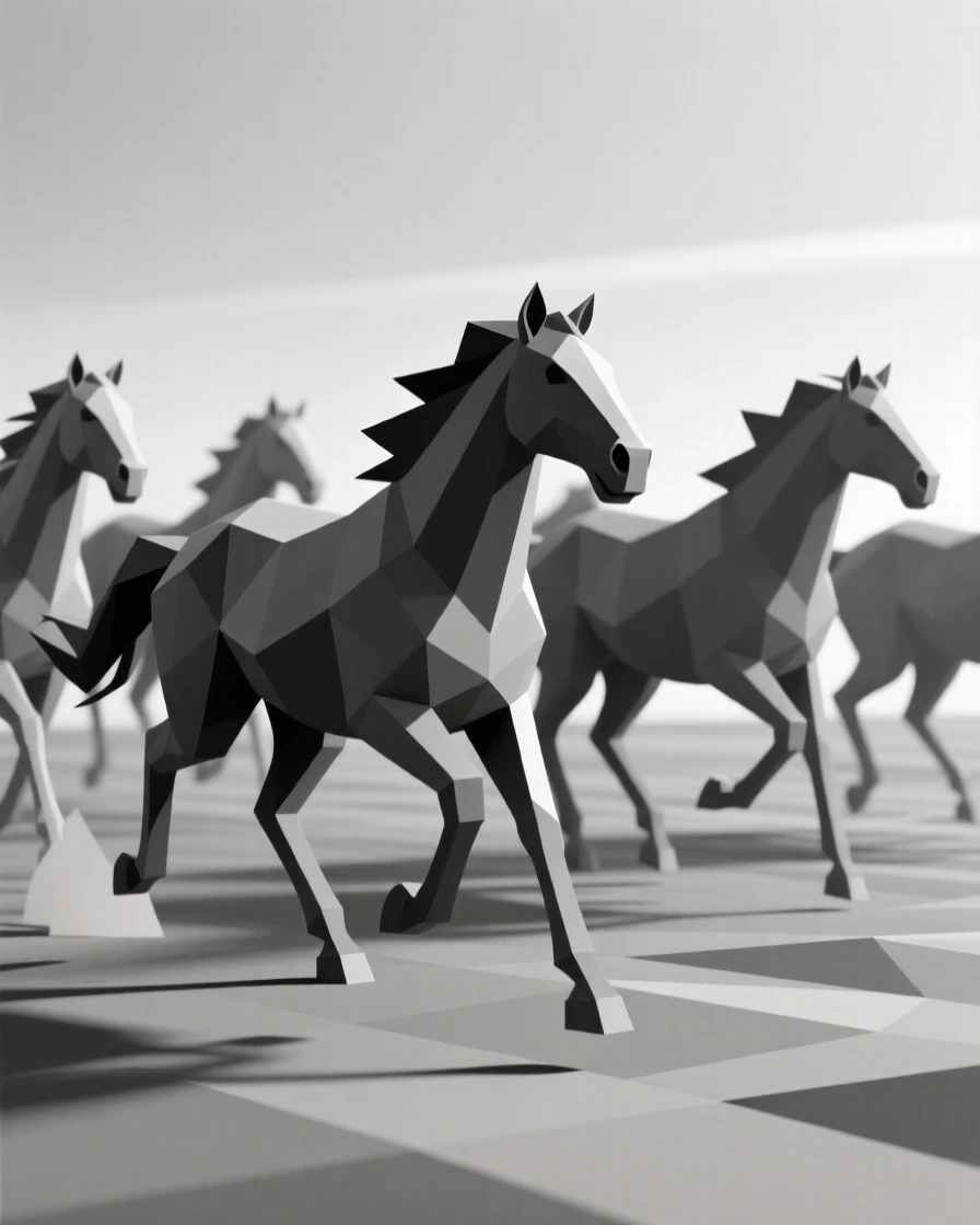 A herd of wild horses galloping freely, in the soft light of late afternoon. the composition centers the subject with a shallow depth of field. The scene feels calm and majestic.