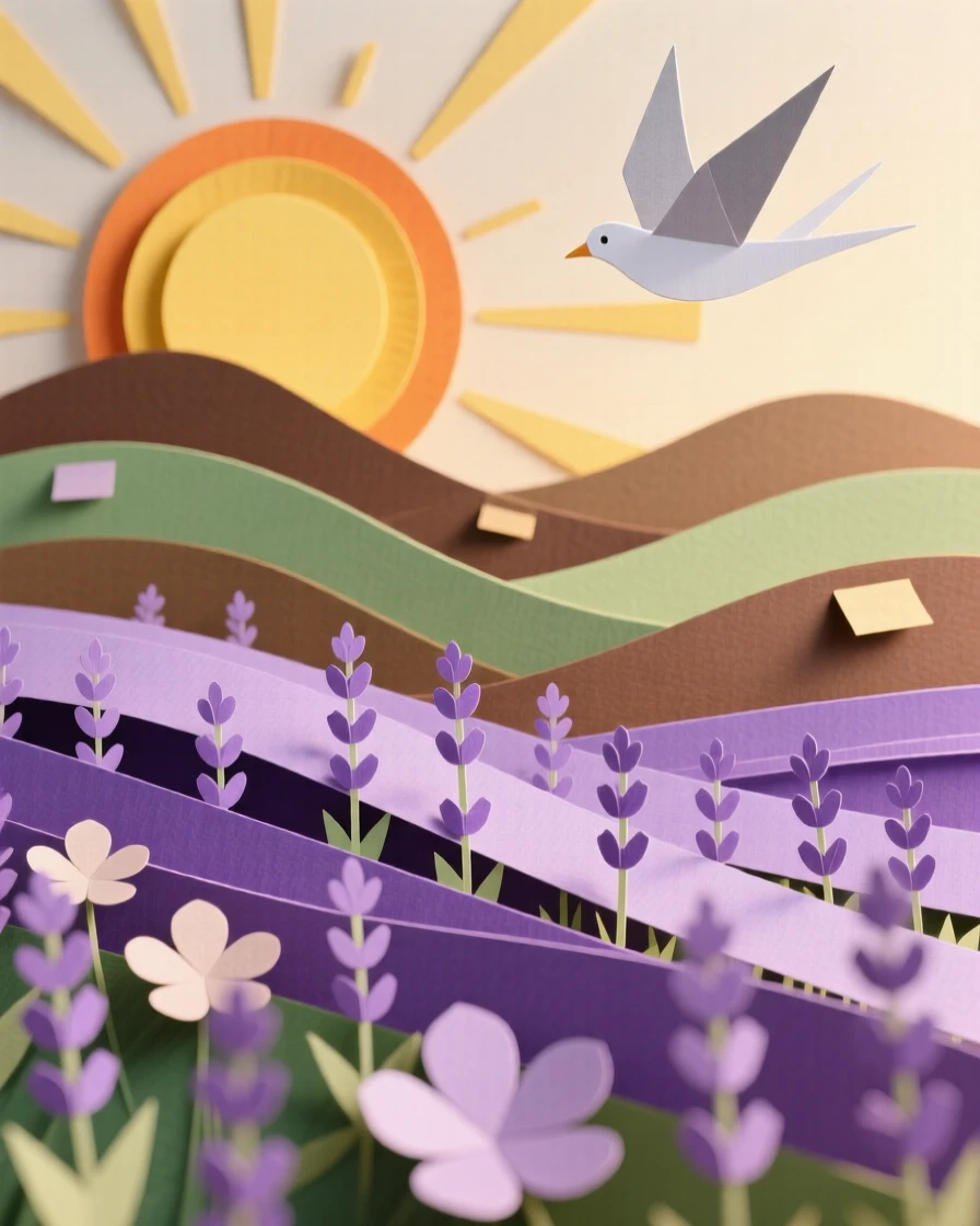 A glowing lavender field beneath rolling hills at golden sunrise, with a lone bird soaring overhead, conveying the quiet power of the natural world.