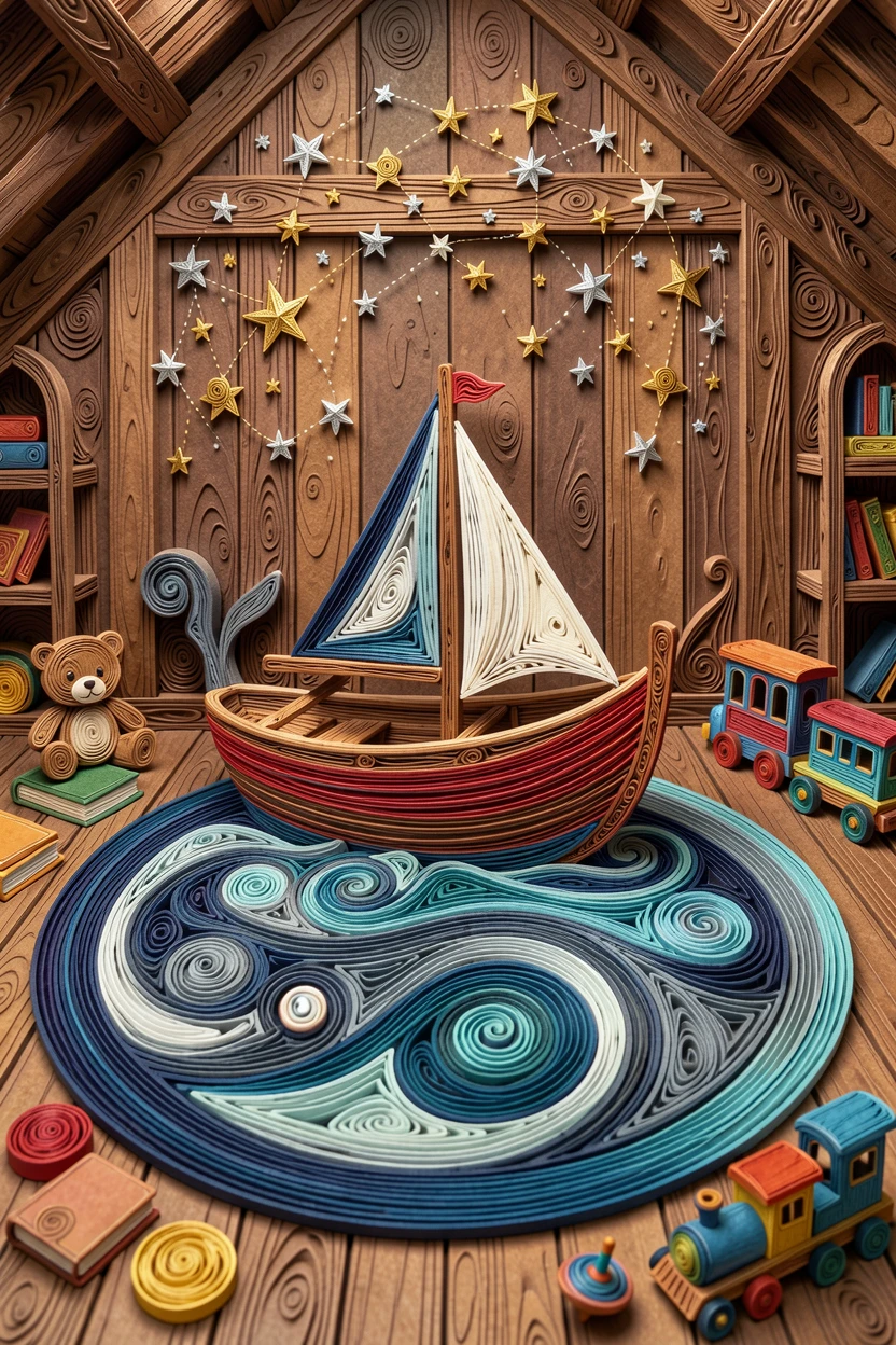 A whimsical children's scene of a rowboat sailing across a pond shaped like a smiling whale in a cozy attic filled with childhood treasures, with a sprinkle of twinkling stars overhead, arranged with a joyful sense of motion and energy.