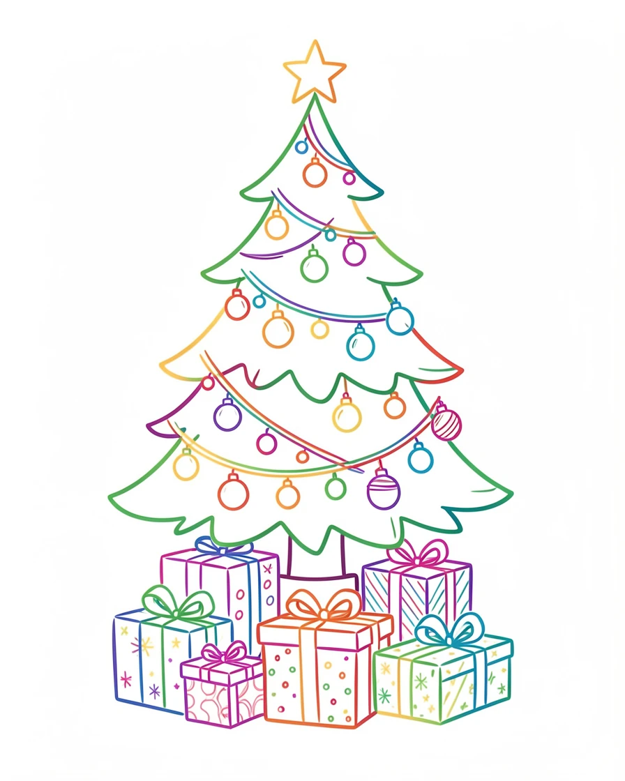 A gift-wrapped stack of presents beneath a beautifully decorated Christmas tree.
