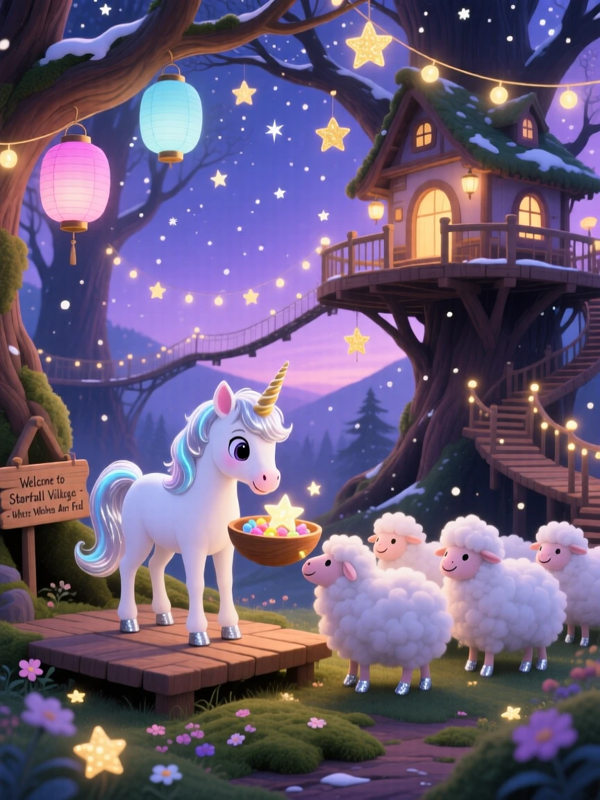 Deep within a treehouse village strung with lanterns, a unicorn foal spends the evening feeding a flock of tiny cloud sheep, as tiny stars fall like snow.