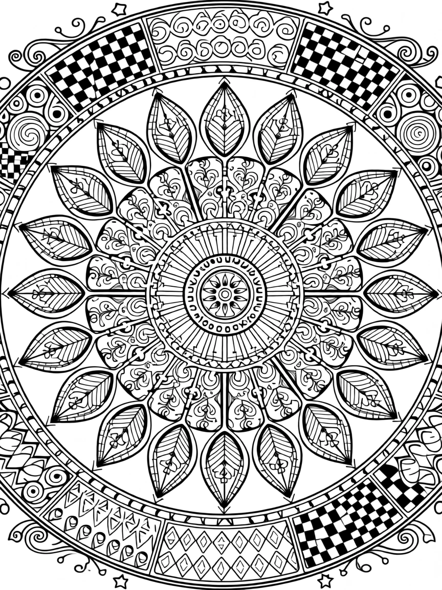 A mandala shaped like a Ferris wheel with gondolas as petal shapes.