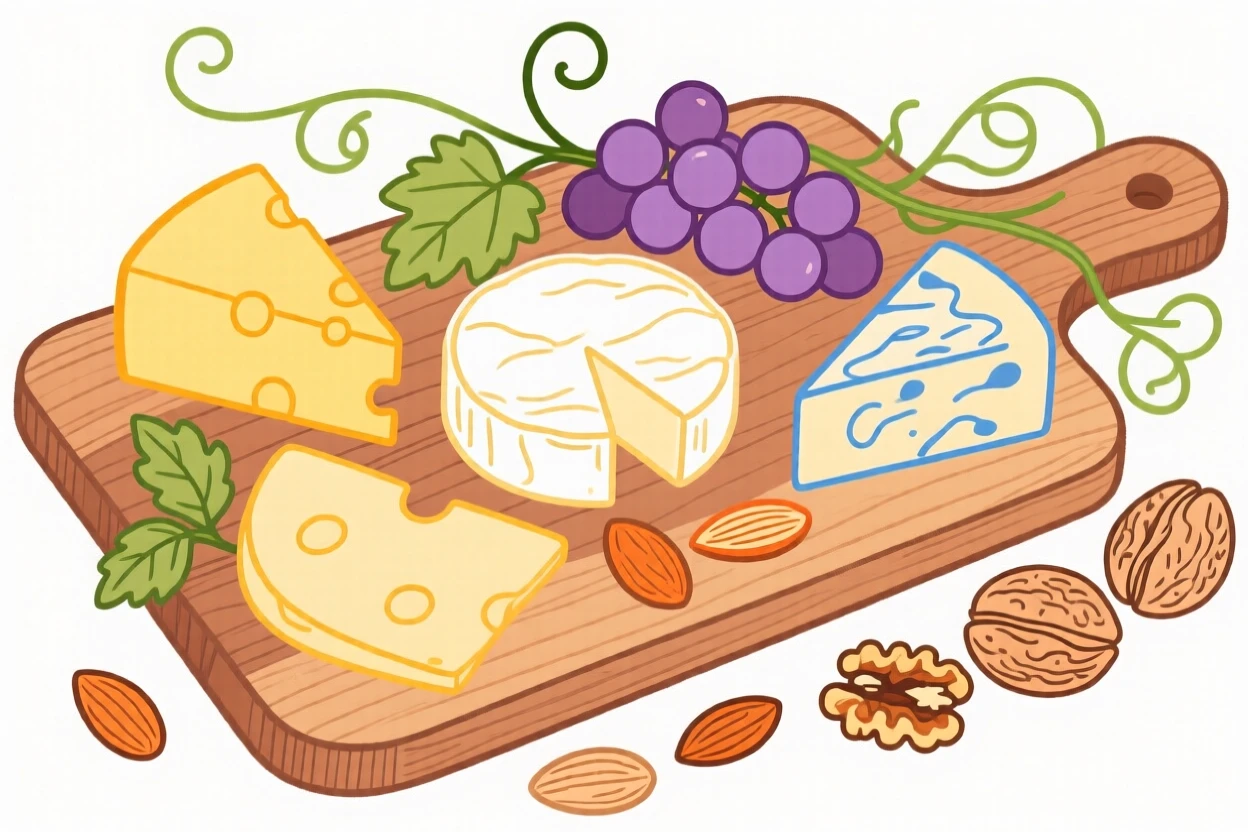 A charcuterie board with cheeses, grapes, and nuts.