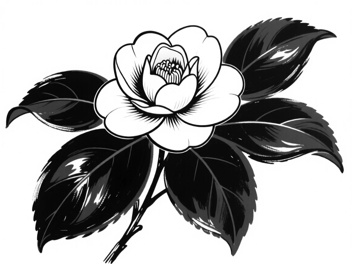 A single camellia blossom resting on dark green glossy leaves.
