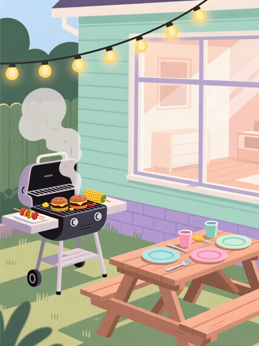 A backyard barbecue setup with string lights overhead, placed near a large window with morning light streaming in, composed with a relaxed, candid feel, with gentle pastel tones evoking calm and comfort.