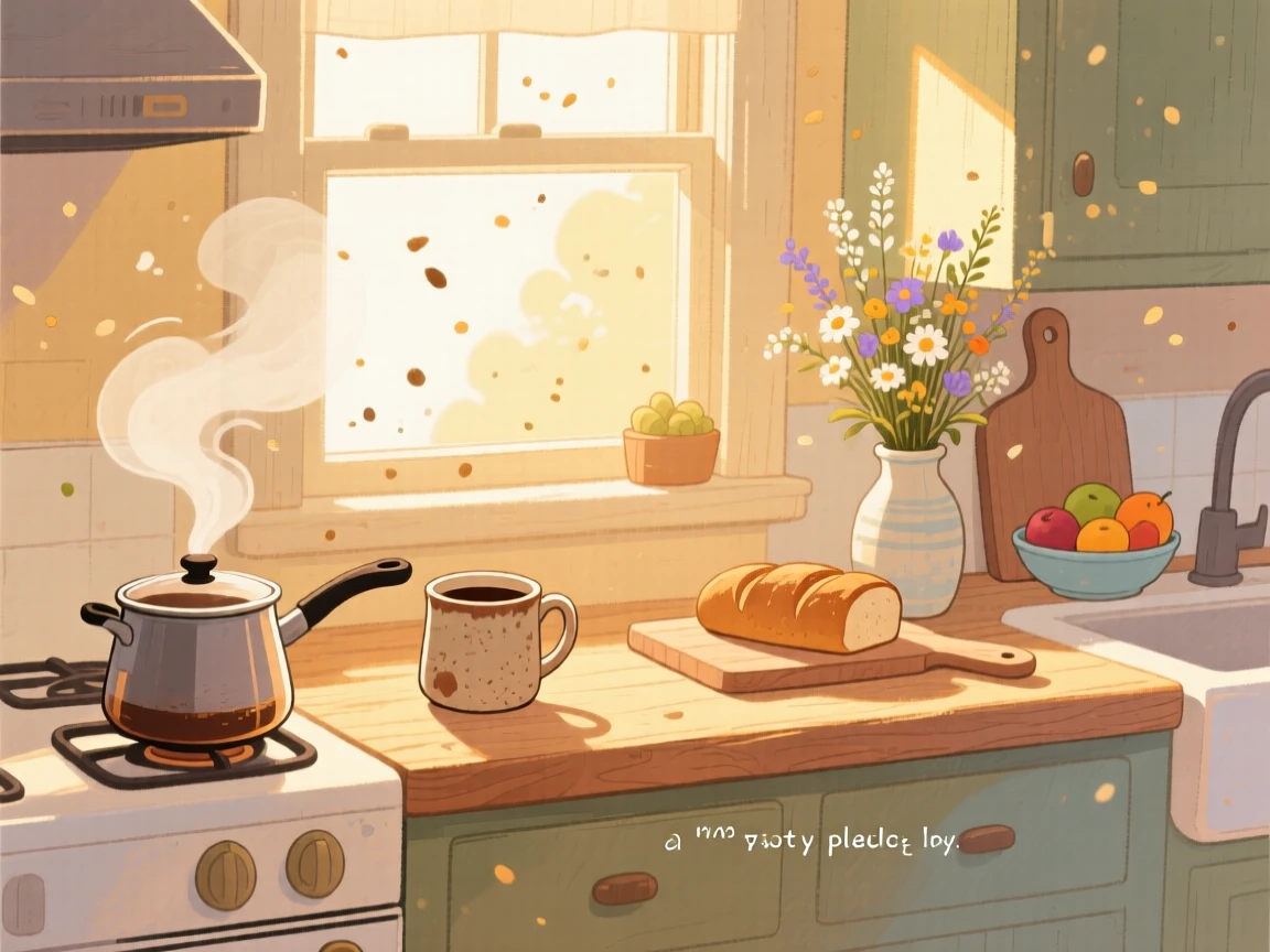A kitchen filled with the warm glow of morning light and a pot of coffee brewing, with sunlight catching dust motes in the air, evoking a gentle, unhurried happiness.