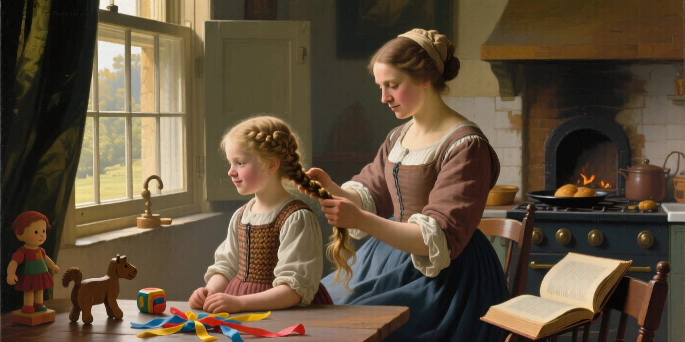 A mother braiding her daughter's hair by a sunlit window at the exact instant a memory is quietly being made, set within a warmly lit kitchen filled with the smell of baking, with toys, ribbons, or a forgotten book scattered nearby; the arrangement of figures suggests closeness without crowding, radiating warmth, comfort, and belonging.