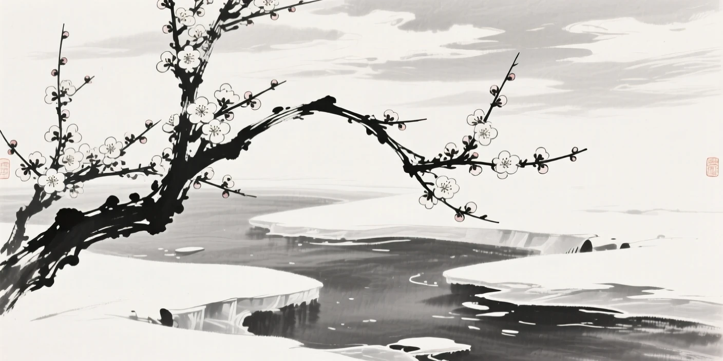 Branches heavy with plum blossoms arch over a frozen stream, with soft light breaking through scattered clouds.