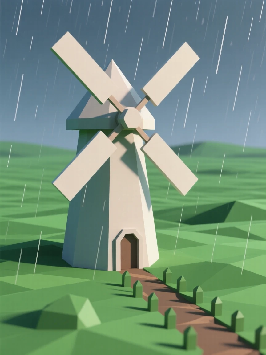 A traditional windmill standing in a green field, under a gentle evening rain. the framing draws the eye along a natural leading line. The atmosphere is peaceful and inviting.