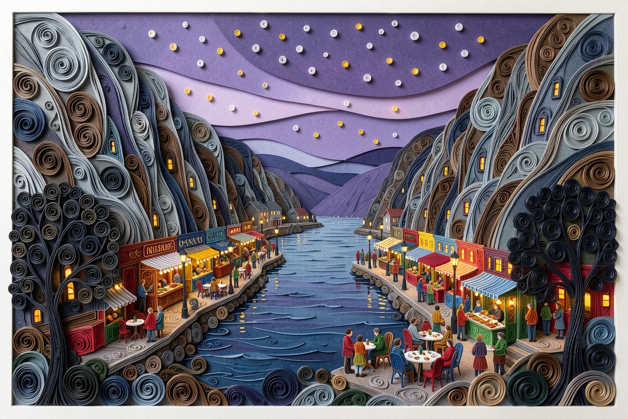 a Norwegian fjord flanked by towering cliffs, surrounded by bustling, colorful street life, framed by silhouetted trees in the foreground, with twinkling lights beginning to glow at dusk.