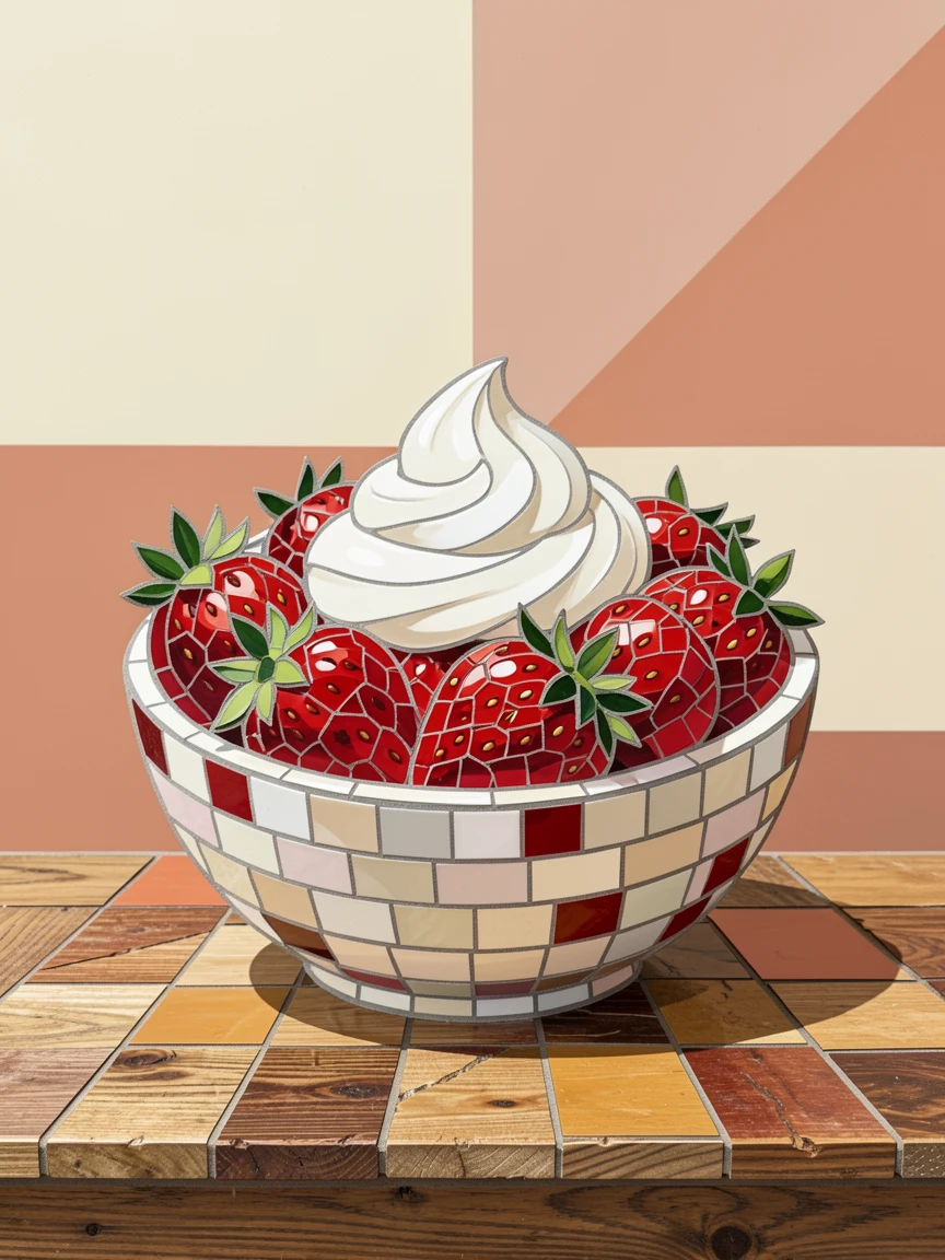 A bowl of fresh strawberries with cream on a rustic wooden table.
