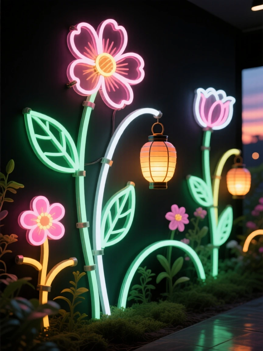 A garden where flowers bloom into small glowing lanterns at dusk.