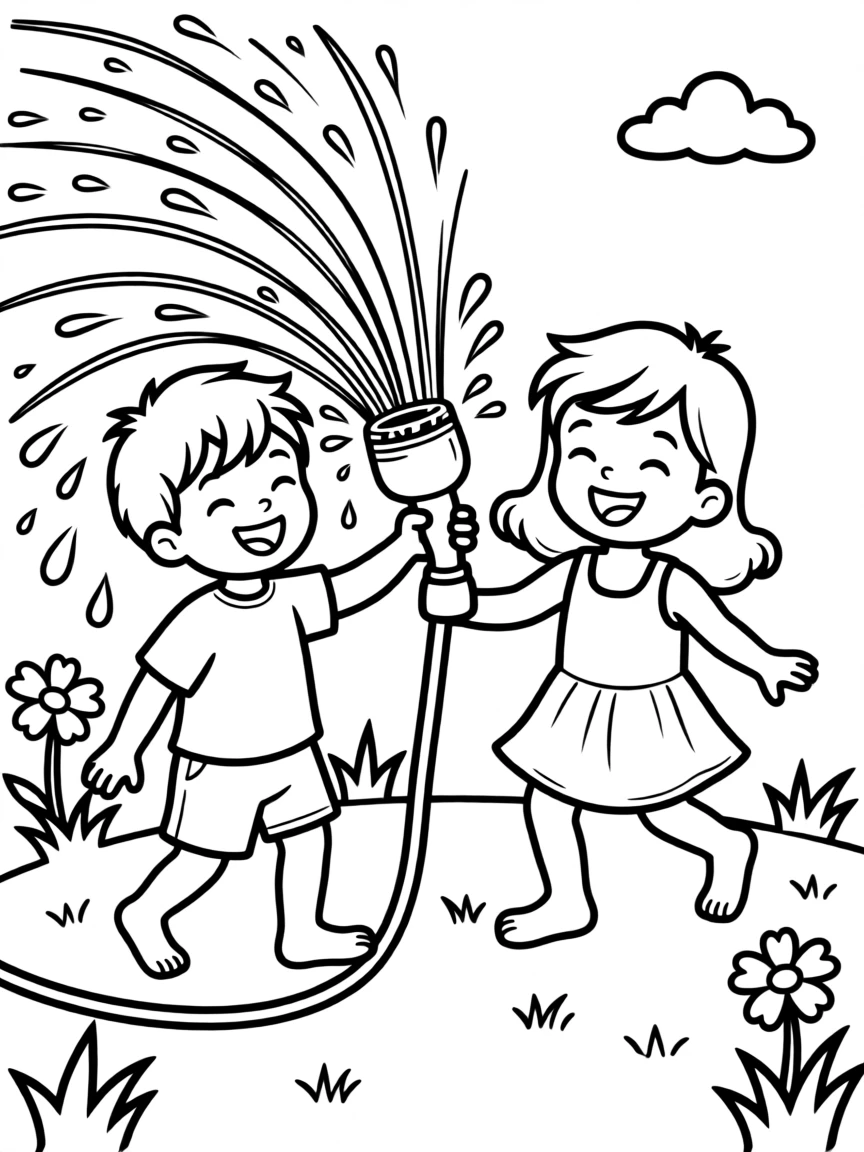 Children splashing in a sprinkler on a hot summer day