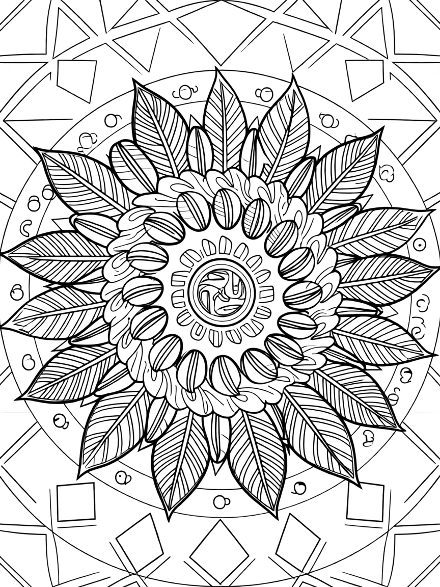 A mandala built from a spiral of overlapping coffee beans and leaves.