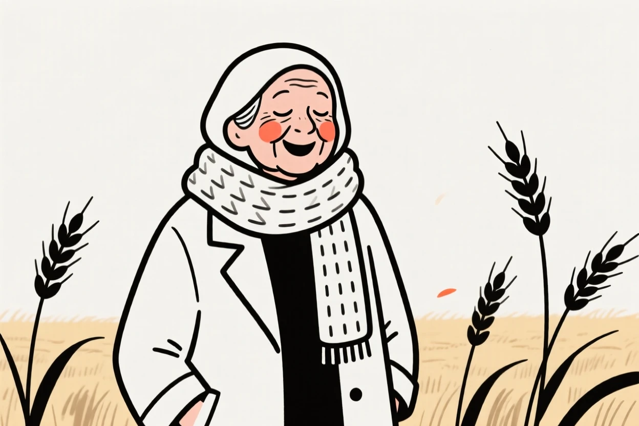A grandmother of Moroccan heritage in a chunky knit scarf and coat, laughing with eyes closed, in a wheat field at harvest.