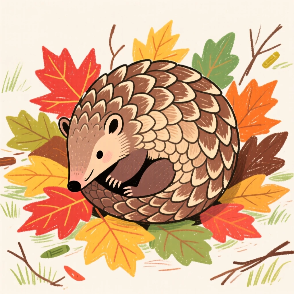 A pangolin curling into a ball among fallen leaves.