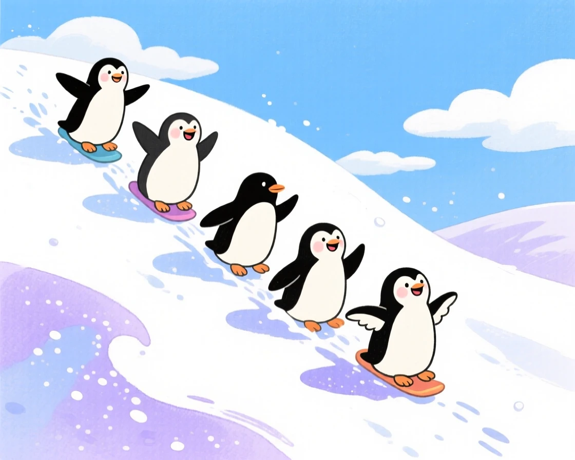 A group of penguins sliding down a snowy hill together.
