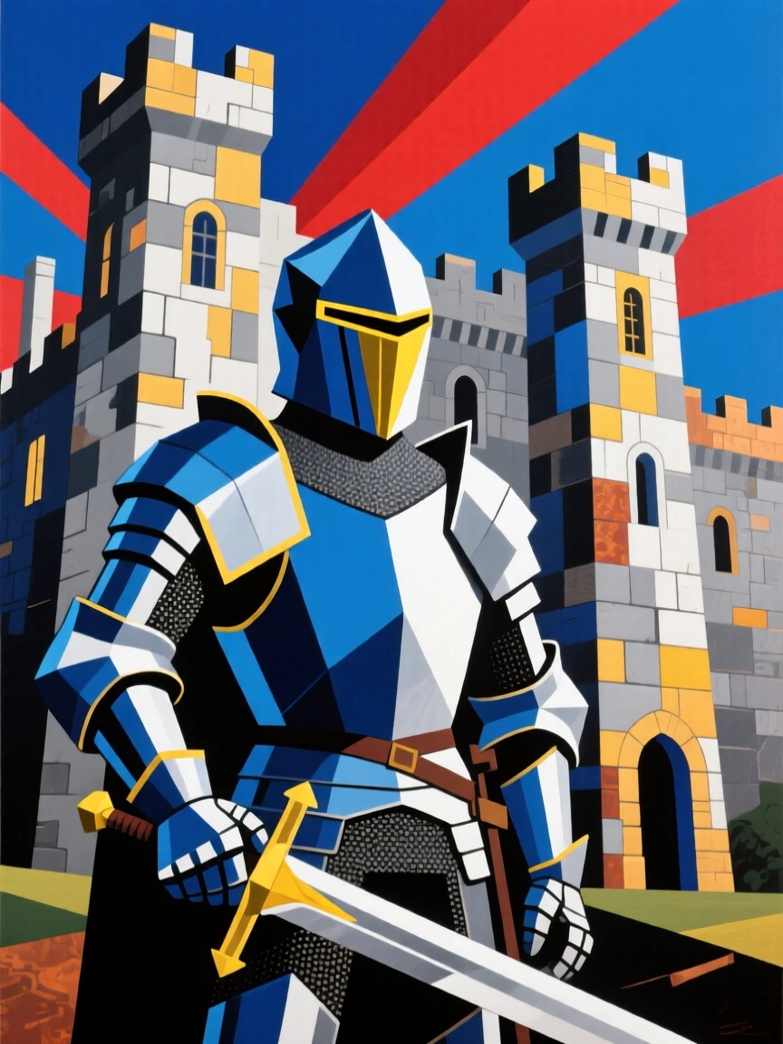 A medieval knight in polished armor standing before a grand stone castle.